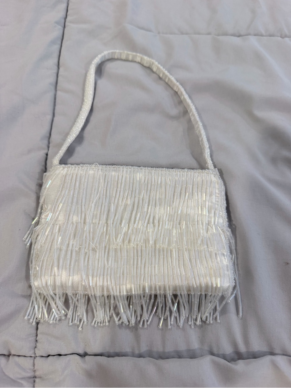 Vintage Elegant White Beaded Fringe Evening Bag XS